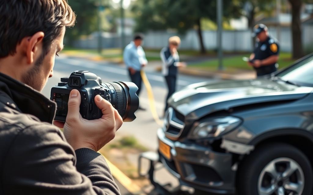 A Detailed, Professional-Looking Scene Depicting The Steps For Accident Documentation. In The Foreground, A Person Carefully Taking Photographs Of A Damaged Vehicle From Multiple Angles Using A High-Quality Dslr Camera. In The Middle Ground, Another Person Diligently Collecting Physical Evidence And Measurements At The Scene. In The Background, A Police Officer Interviewing Witnesses And Recording Their Statements. The Lighting Is Natural, With Soft, Directional Sunlight Illuminating The Scene. The Overall Mood Is One Of Diligence And Professionalism, Conveying The Importance Of Properly Documenting An Accident For Legal And Insurance Purposes. A Detailed, Professional-Looking Scene Depicting The Steps For Accident Documentation. In The Foreground, A Person Carefully Taking Photographs Of A Damaged Vehicle From Multiple Angles Using A High-Quality Dslr Camera. In The Middle Ground, Another Person Diligently Collecting Physical Evidence And Measurements At The Scene. In The Background, A Police Officer Interviewing Witnesses And Recording Their Statements. The Lighting Is Natural, With Soft, Directional Sunlight Illuminating The Scene. The Overall Mood Is One Of Diligence And Professionalism, Conveying The Importance Of Properly Documenting An Accident For Legal And Insurance Purposes.