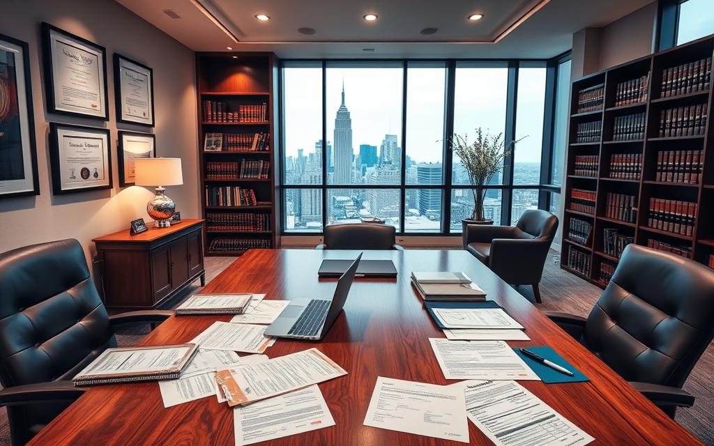 A Modern, Sleek Office Interior With A Large Wooden Desk And Comfortable Leather Chairs. On The Desk, A Laptop And Various Financial Documents, Including Tax Forms And Estate Planning Materials. The Walls Are Adorned With Framed Legal Certificates And Awards, Reflecting The Expertise Of An Estate Law Professional. Soft, Directional Lighting Casts A Warm Glow, Creating A Sense Of Professionalism And Authority. In The Background, A Bookshelf Filled With Legal Volumes And A Floor-To-Ceiling Window Overlooking A Cityscape, Symbolizing The Comprehensive Services Offered By The Estate Attorney.