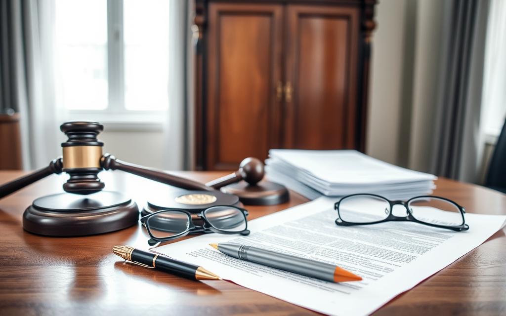 A Well-Lit, Meticulously Composed Still Life Depicting A Variety Of Estate Planning Tools. In The Foreground, A Stack Of Legal Documents, A Pen, And A Pair Of Reading Glasses Sit On A Polished Wooden Table. In The Middle Ground, A Gavel, A Seal, And A Magnifying Glass Are Arranged Neatly. In The Background, A Tall, Ornate Filing Cabinet And A Large Window Letting In Soft, Natural Light, Creating A Sense Of Professionalism And Sophistication. The Overall Mood Is One Of Diligence, Attention To Detail, And A Commitment To The Legal Process Of Estate Planning.