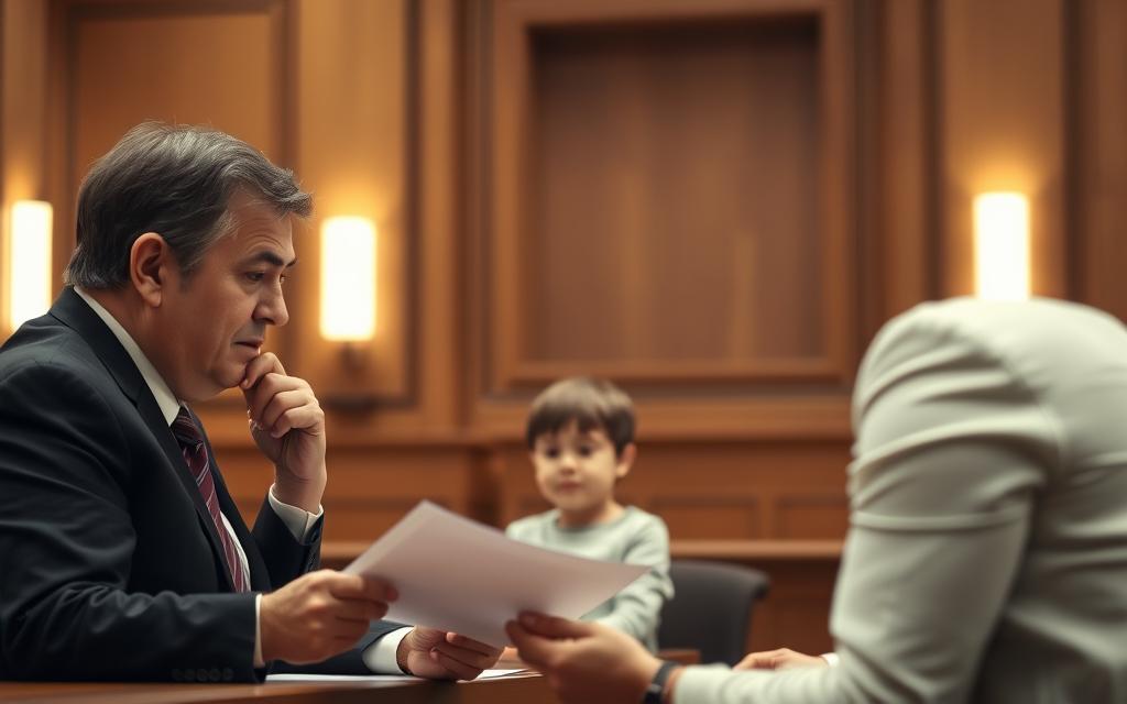 A Courtroom Scene With A Guardian Ad Litem Thoughtfully Evaluating Documents In The Foreground, Surrounded By A Neutral-Toned, Wood-Paneled Interior With Subtle Lighting From The Sides. In The Middle Ground, A Child Sits Patiently, Their Expression Conveying A Sense Of Trust And Comfort. The Background Subtly Suggests The Guardian Ad Litem'S Alignment With The Child'S Best Interests, Through The Use Of Soft, Hazy Tones And A Sense Of Warmth And Professionalism. The Overall Mood Is One Of Careful Consideration And A Focus On The Child'S Well-Being. A Courtroom Scene With A Guardian Ad Litem Thoughtfully Evaluating Documents In The Foreground, Surrounded By A Neutral-Toned, Wood-Paneled Interior With Subtle Lighting From The Sides. In The Middle Ground, A Child Sits Patiently, Their Expression Conveying A Sense Of Trust And Comfort. The Background Subtly Suggests The Guardian Ad Litem'S Alignment With The Child'S Best Interests, Through The Use Of Soft, Hazy Tones And A Sense Of Warmth And Professionalism. The Overall Mood Is One Of Careful Consideration And A Focus On The Child'S Well-Being.