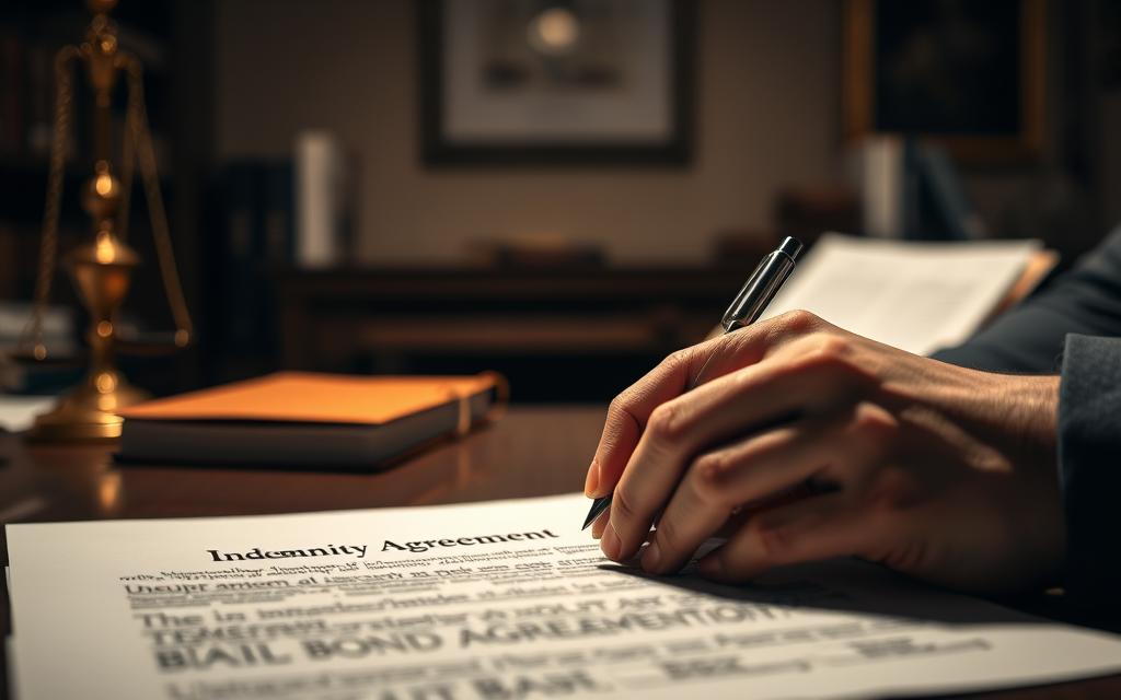 A Dimly Lit, Legal-Themed Office Setting With A Desk, Books, And Documents. In The Foreground, A Close-Up View Of A Person'S Hands Signing A Contract Or Legal Document, Representing The Indemnitor'S Obligations. The Document Has A Title Such As &Quot;Indemnity Agreement&Quot; Or &Quot;Bail Bond Agreement&Quot;. The Background Is A Soft Blur, Creating A Sense Of Focus On The Hands And The Document. The Lighting Is Warm And Muted, Conveying A Sense Of Seriousness And Gravity. The Overall Mood Is One Of Responsibility And Legal Commitment.
