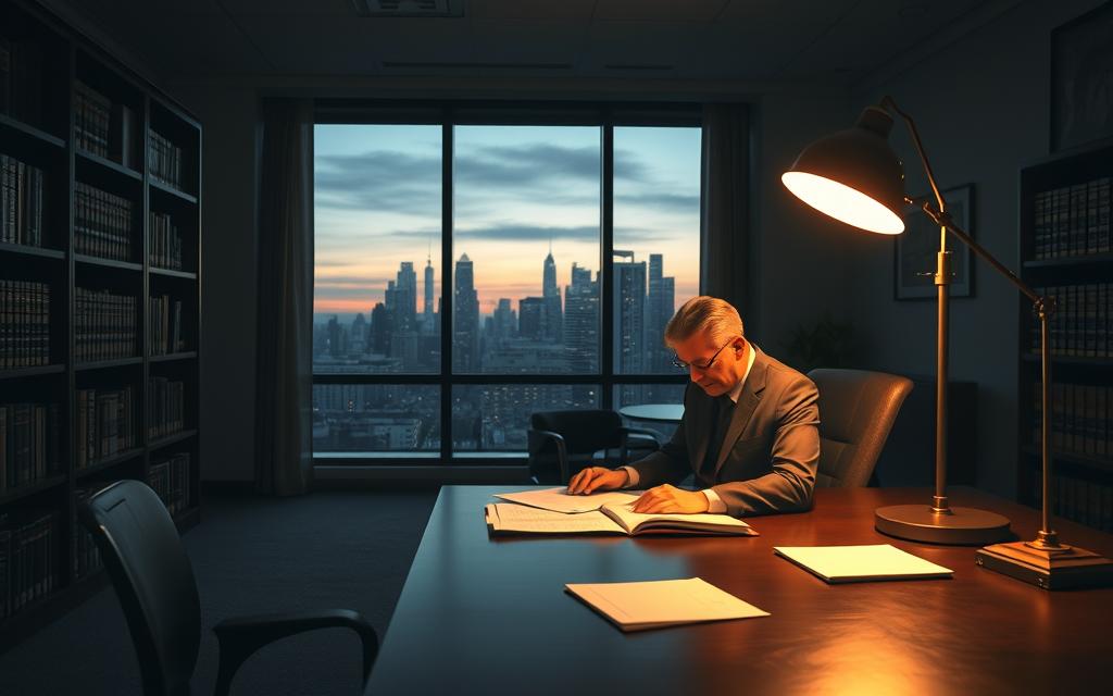 A Professional Legal Office With A Serene, Contemplative Atmosphere. In The Foreground, A Guardian Ad Litem Sits At A Desk, Reviewing Documents Intently Under The Warm Glow Of A Desk Lamp. Middle Ground Shows Law Bookcases Lining The Walls, Casting Shadows That Add Depth And Texture. The Background Features A Large Window Overlooking A City Skyline, Bathed In The Soft Light Of Dusk. The Overall Mood Evokes The Gravity And Importance Of The Guardian Ad Litem'S Role In Navigating Complex Legal Procedures To Protect The Best Interests Of Those They Serve. A Professional Legal Office With A Serene, Contemplative Atmosphere. In The Foreground, A Guardian Ad Litem Sits At A Desk, Reviewing Documents Intently Under The Warm Glow Of A Desk Lamp. Middle Ground Shows Law Bookcases Lining The Walls, Casting Shadows That Add Depth And Texture. The Background Features A Large Window Overlooking A City Skyline, Bathed In The Soft Light Of Dusk. The Overall Mood Evokes The Gravity And Importance Of The Guardian Ad Litem'S Role In Navigating Complex Legal Procedures To Protect The Best Interests Of Those They Serve.